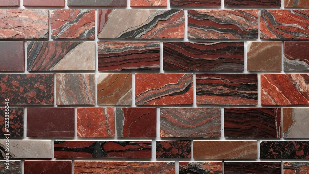 Aufkleber brown and red slate marble mosaic tiles arranged in a split face pattern against a textured brick wa