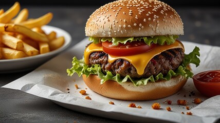 Delicious burger with fries background