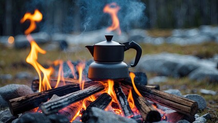 Black coffee pot emitting steam, positioned centrally atop a campfire surrounded by burning logs, set against a blurred natural backdrop.