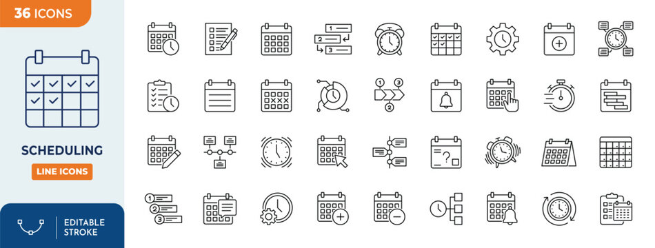 Scheduling icon set. Contains icons related to time and schedule. Outline Icon Collection. Vector illustration. Editable stroke	