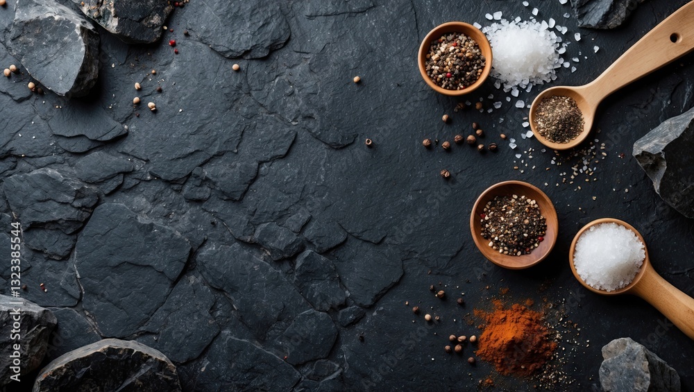 Poster variety of spices in wooden bowls with salt and pepper on dark stone table background with rocks cre