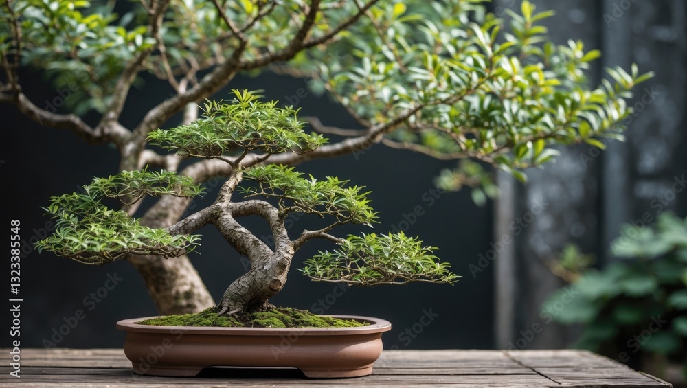 Poster bonsai tree with intricate branches and lush green foliage positioned on a wooden surface against a 