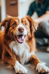 A brown and white dog relaxing on the floor, great for pet-related content or personal use