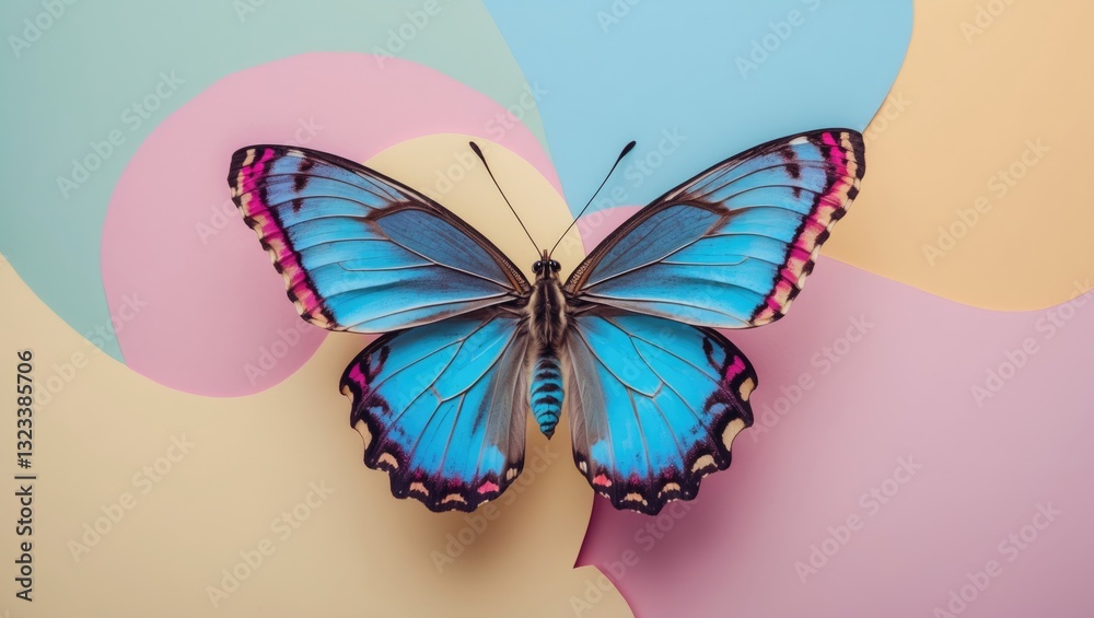 Poster vivid blue butterfly with intricate black and pink detailing centered on a pastel pink and blue abst
