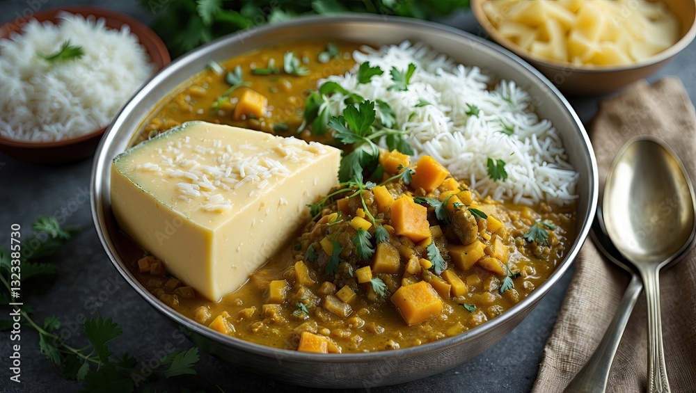 Aufkleber colorful bowl of dal over rice with green garnish, featuring a wedge of cheese and chunks of vegetab