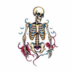 Symbolic skeleton artwork: A meticulously crafted illustration of a skeleton, adorned with vibrant floral elements, representing mortality, art and design