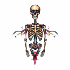 Artistic Skeleton Illustration: A unique artistic rendition of a human skeleton, adorned with colorful, abstract decorative elements, presenting a striking visual composition.