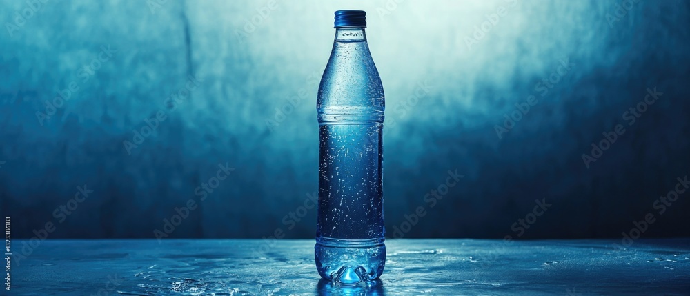 Aufkleber A clear glass water bottle sits on a table with no other objects in sight, perfect for use as a prop or background element