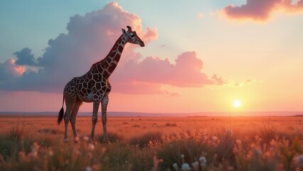 Obraz premium A lone giraffe silhouetted against a vibrant sunset, standing tall in a field of wildflowers, a majestic scene of African wildlife at dusk.