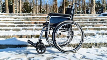 Fototapeta premium Wheelchair on Snow-Covered Steps in Winter Landscape Surrounded by Trees and Nature