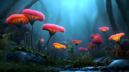 Glowing and reactive flora that respond to human presence creating an enchanting and interactive display in a mysterious futuristic forest ecosystem