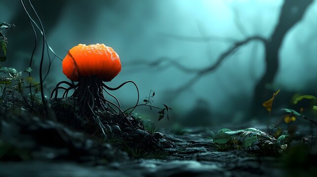 Glowing Otherworldly Mushroom in Mysterious Moody Forest Luminous bio luminescent vegetation thrumming with digital intelligence blurring the lines between nature and technology