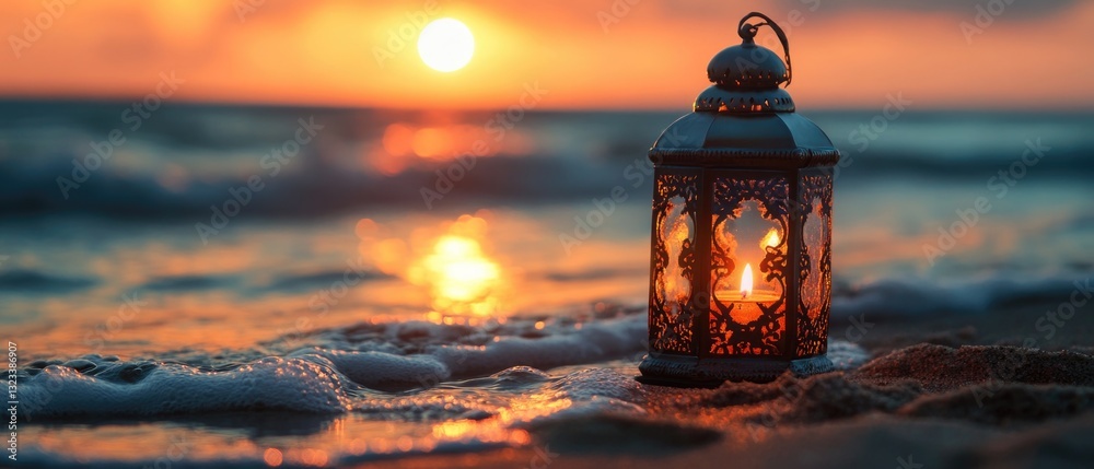 Poster a lantern sits on the beach as the sun sets in the background, creating a warm and cozy atmosphere