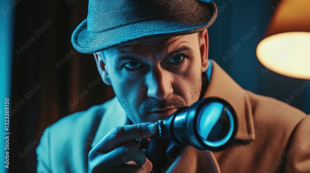 Poster a person examining something closely with a magnifying glass, useful for detective or science themes