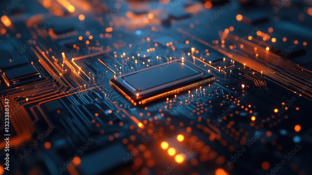 Poster close-up of a circuit board with numerous lights and electronic components