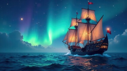 Fototapeta premium A majestic galleon sails under a breathtaking aurora borealis, its sails illuminated by the soft glow of lanterns, navigating the dark ocean under a blanket of stars.