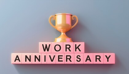Celebrate work anniversaries with a trophy and colorful blocks showcasing dedication.