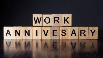 Celebrating work anniversary with wooden blocks arranged on a dark background.