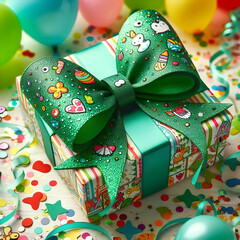 Obraz premium Colorful gift box with large green bow and confetti celebrating a birthday