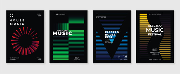 Music poster design background vector set. Electro Sound Cover template with vibrant abstract gradient geometric shape. Ideal design for social media, flyer, party, music festival, club.