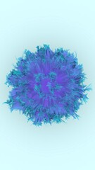 Abstract 3D digital rendering of a vibrant blue and purple particle explosion with intricate textures on a light background