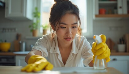 Obraz premium A young Asian woman in yellow rubber gloves is intently cleaning a kitchen surface with a spray bottle, showcasing her dedication to a tidy home. The warm, sunlit kitchen exudes a cozy atmosphere