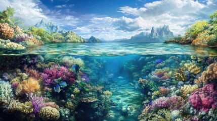 Obraz premium Vibrant Underwater Coral Reef Landscape with Diverse Marine Life Beneath Clear Blue Water Surface