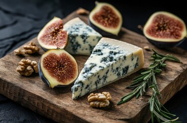 A piece of blue cheese sits on a wooden cutting board with a wedge of blue cheese and a wedge of fig