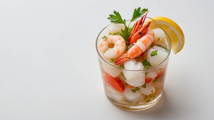 Seafood cocktail in a clear glass containing shrimp and ice cubes garnished with lemon slice and parsley on a light background with copyspace.