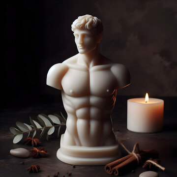 Greek god apollo torso candle with spices and eucalyptus on dark background