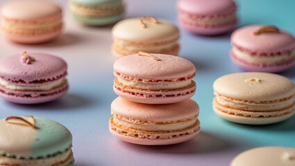 Pastel colored macarons arranged on a soft gradient background with shades of pink, green, and blue showcasing their delicate textures and flavors.