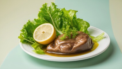 Pickled cod liver garnished with fresh green lettuce and lemon slice on a white plate against a soft pastel teal background.