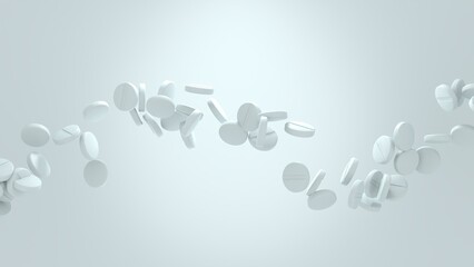 3D render of white pharmaceutical tablets in mid-air, dynamically floating against a soft gradient background with copy space
