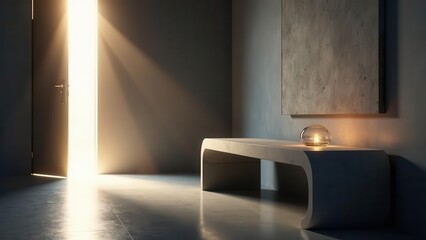Serene Minimalist Interior with Open Door and Glowing Lamp on Concrete Bench