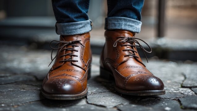 Stylish brown leather ankle boots with lace-up design worn by a man in rolled denim jeans standing on rustic cobblestone background - Powered by Adobe