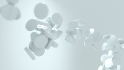 3D render of white pharmaceutical tablets in free fall, dynamically suspended in mid-air against a soft gradient background with copy space