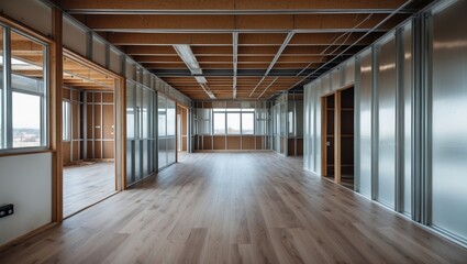 Fototapeta premium Vacant modern interior of industrial building with laminated flooring and aluminum walls featuring large windows and exposed ceiling beams