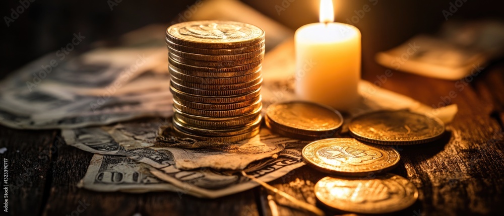 Poster a stack of coins sitting next to a lit candle for use in editorial, commercial or personal projects