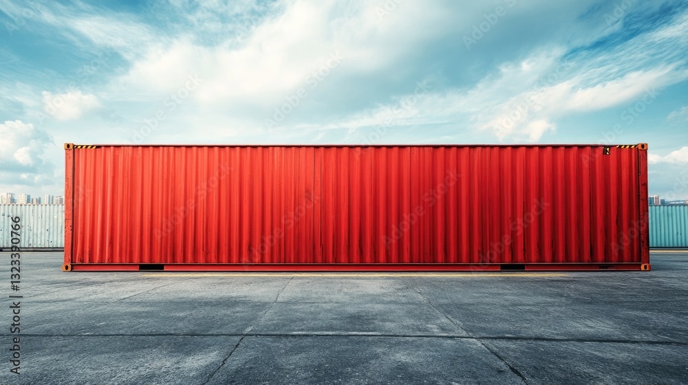 Poster a red container sits on a plain cement floor, awaiting use or storage