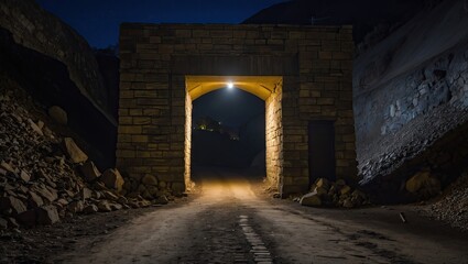 Fototapeta premium Mine entrance illuminated at night with a warm yellow light framing the dark tunnel, surrounded by rocky terrain and night sky shades of blue.