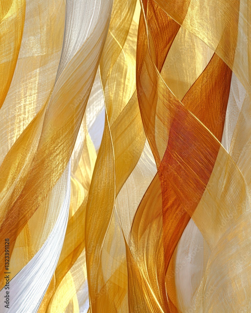 Poster abstract image of flowing gold and beige fabrics creating dynamic, wavy patterns. the sheer material