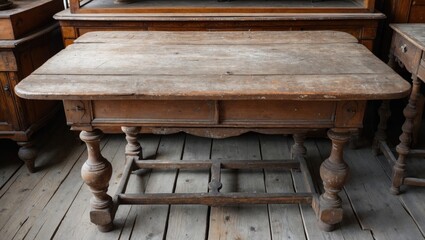 Rustic vintage wooden table with weathered surface in warm brown tones, centered against a wooden floor backdrop with antique decor.