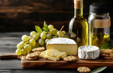 Naklejka premium A cheese board with crackers and a bottle of olive oil. The cheese board is on a wooden cutting board