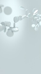 3D render of white pharmaceutical tablets in free fall, dynamically scattered in mid-air against a soft gradient background with copy space