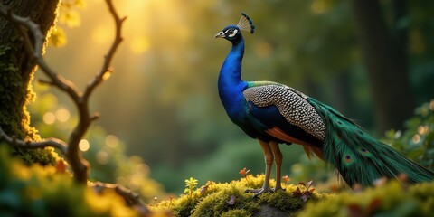 Obraz premium Majestic Peacock in Golden Sunlight, Perched on Mossy Rock, Amidst Lush Greenery