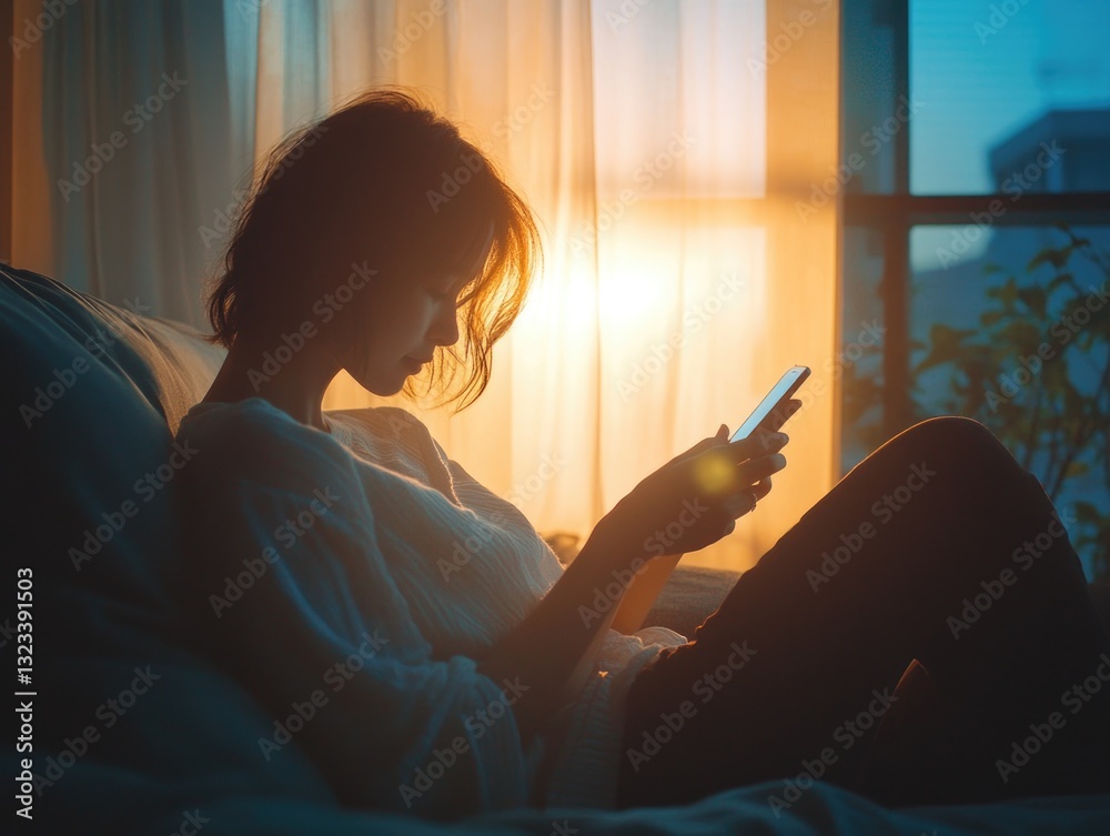 Poster A person relaxing on a sofa while checking their phone, possible scenario for downtime or entertainment