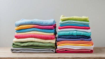 Colorful stack of neatly folded laundry in vibrant hues arranged on a wooden surface against a light grey background with ample copy space.