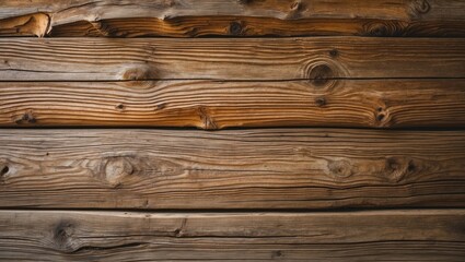 Naklejka premium Brown rustic wooden wall background with horizontal planks displaying natural grain patterns and varying shades of brown in a seamless layout.