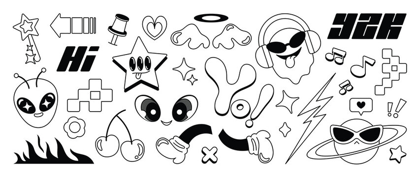 Naklejki Set of y2k and groovy elements vector. Hand drawn collection of pixel, fluffy, arrow, alien, flower, heart, eye in black and white color. Design for print, cartoon, card, decoration, sticker.