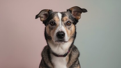 Obraz premium Charming mixed breed dog with perky ears centered against a pastel pink and green background, showcasing expressive eyes and a friendly demeanor.